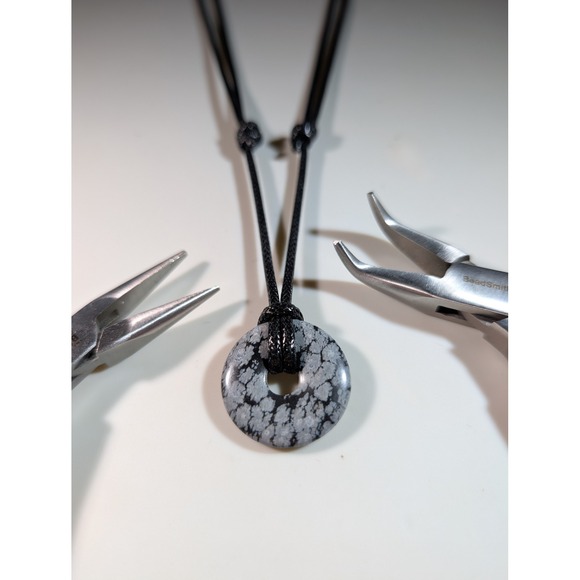 Jewelry - Snowflake Obsidian Donut Pendant Necklace Adjustable Black Cord Minimalist Stone